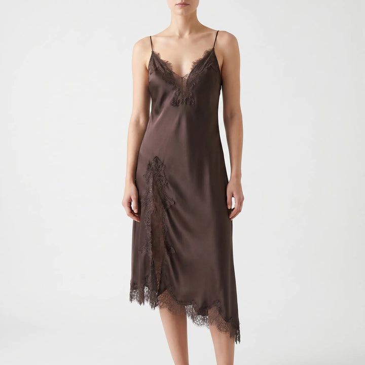 Chic women's backless V-neck slip dress, asymmetrical design and elegant openwork lace trim. Ideal for evenings.