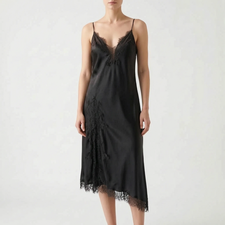 Fashionable women's asymmetrical V-neck slip midi dress with elegant openwork trim. Versatile for summer parties.