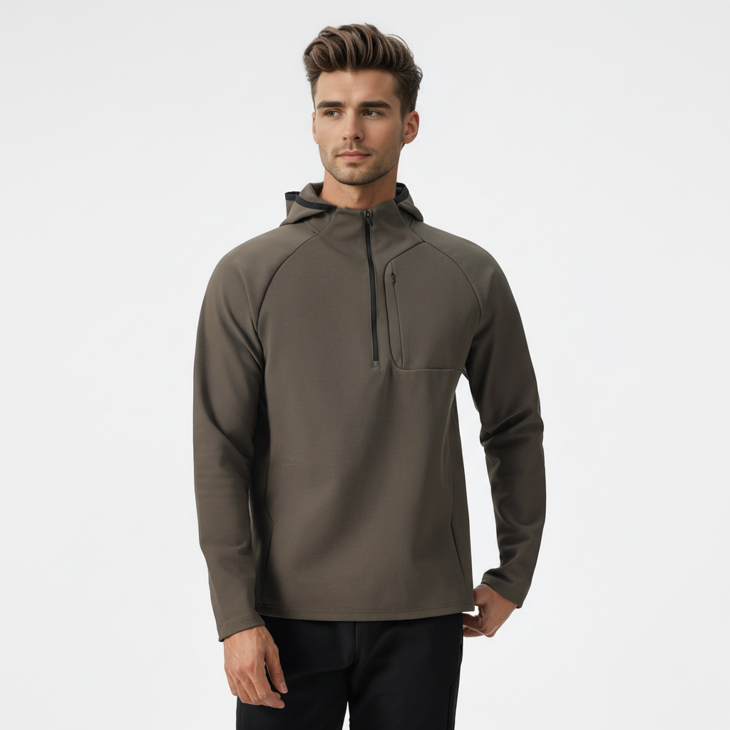Guy wearing men's performance half-zip pullover. Flexible, breathable training top for active lifestyles.