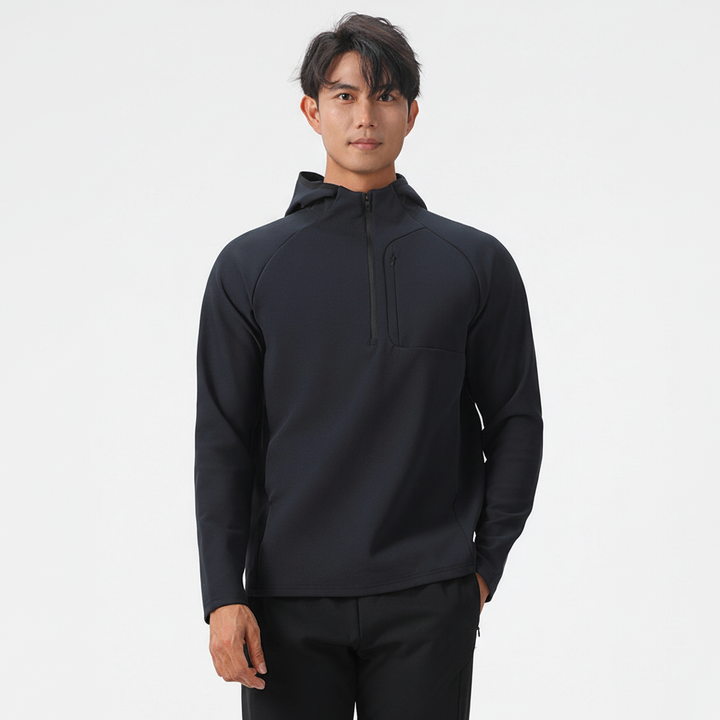 Men's performance half-zip jacket. Lightweight, breathable, and stretchy activewear for training.