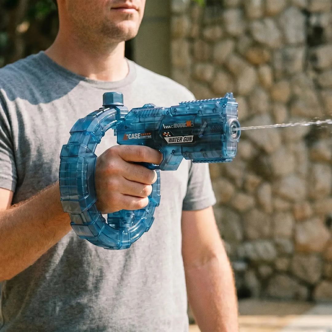 Electric water blaster with automatic firing & cool LED light effects for summer outdoor fun. Rechargeable watergun toy.