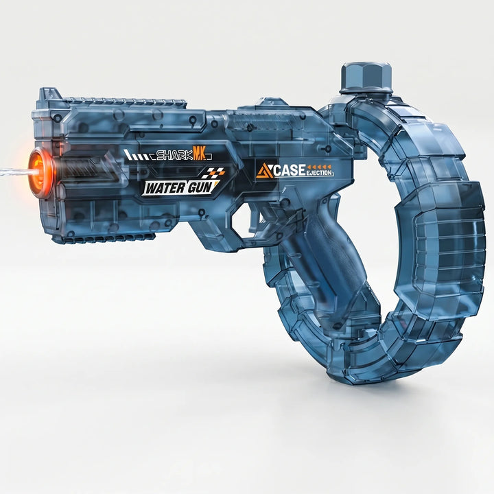 Rechargeable electric water blaster with transparent design, automatic firing, and dynamic light effects for outdoor fun.