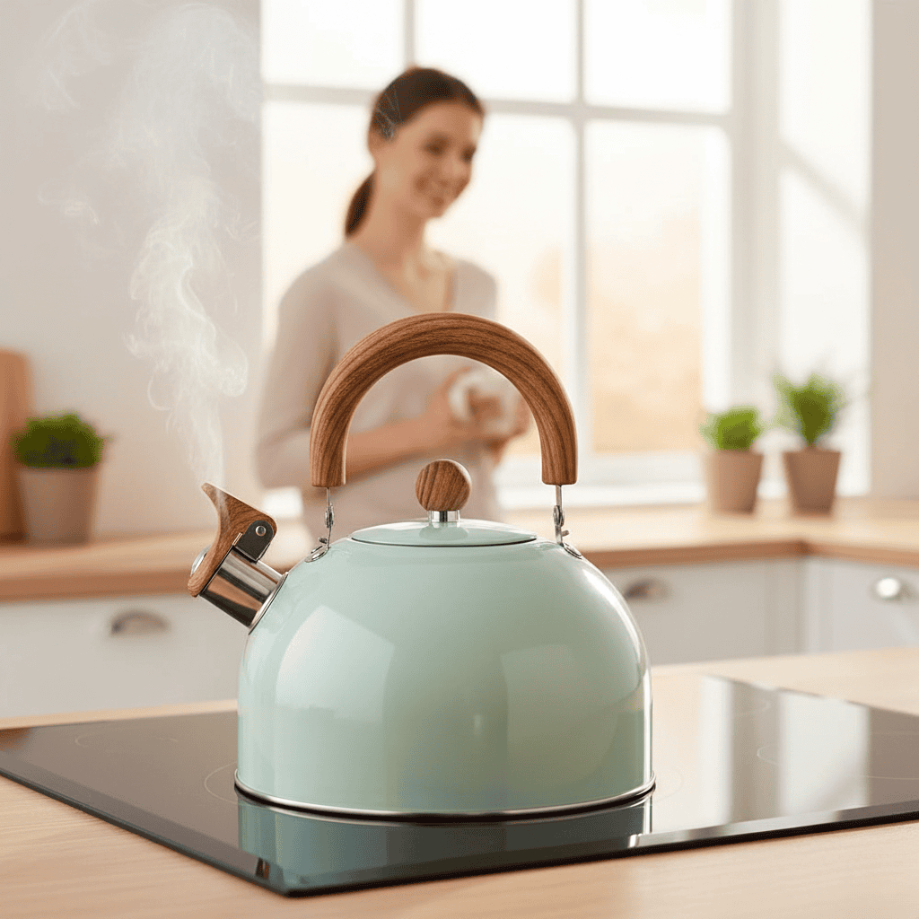 Elegant stainless steel whistling kettle, 3.2-quart stovetop water boiler for brewing tea & coffee.