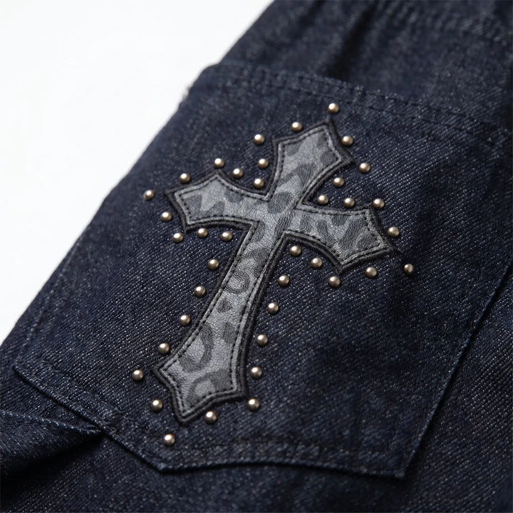 Casual women's black wide-leg pants, baggy fit, with prominent studded cross. Perfect for alternative & grunge looks.