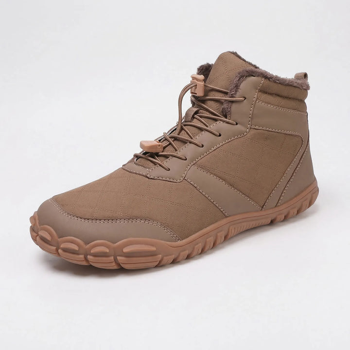 Warm barefoot outdoor boots, water-repellent, ideal for cold weather hiking.