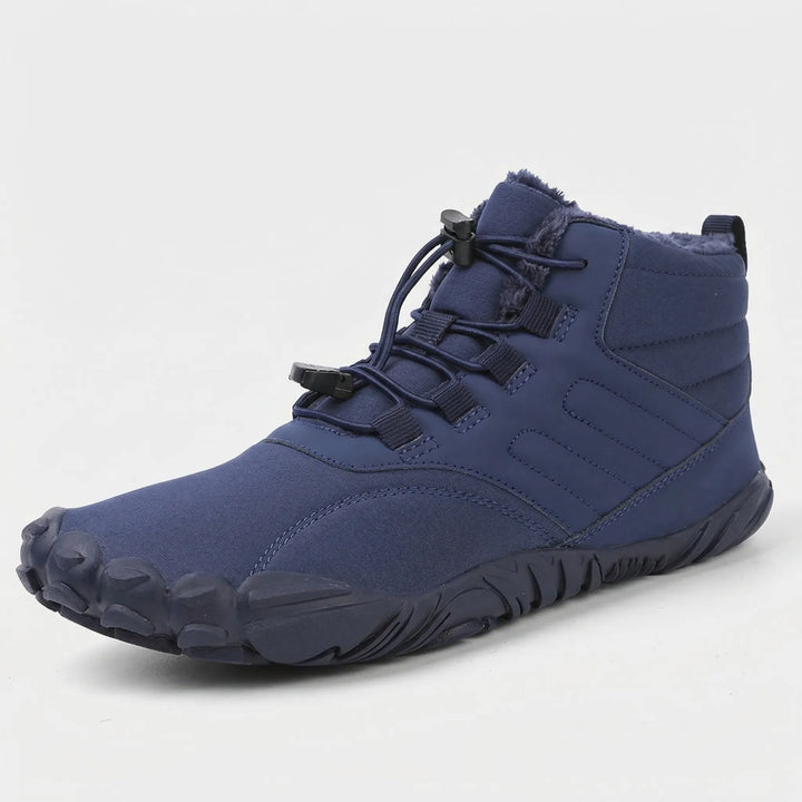 Fleece-lined barefoot winter boots for natural comfort, water-repellent exterior.