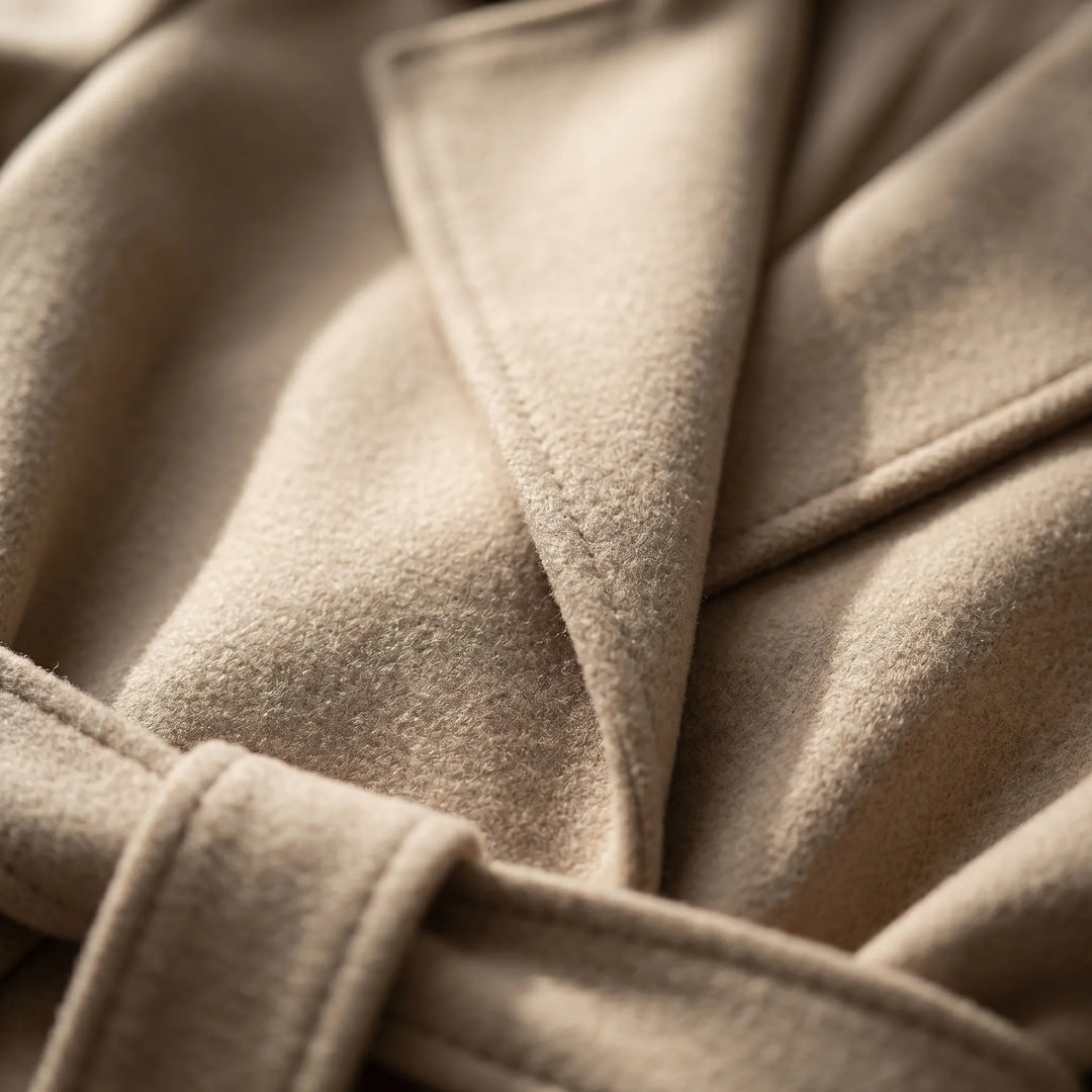 Stylish women's belted long coat featuring a double-breasted design & chic notch collar for winter.