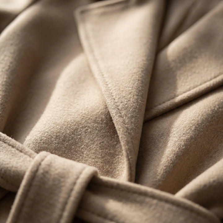 Stylish women's belted long coat featuring a double-breasted design & chic notch collar for winter.