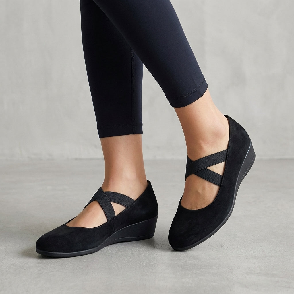 Women's orthopedic criss-cross wedge flats for all-day comfort. Stylish & supportive summer footwear.