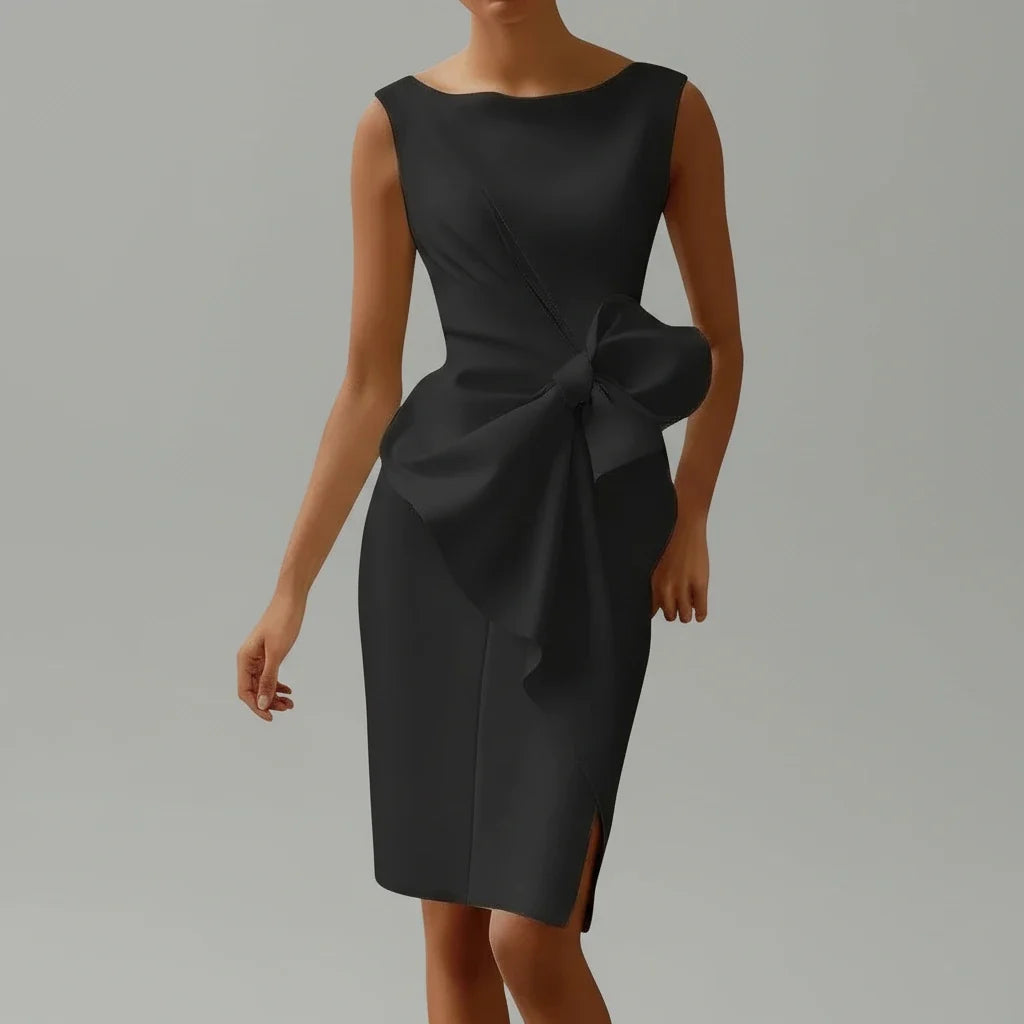 Sophisticated women's elegant midi cocktail dress with a graceful bow detail, ideal for special occasions.