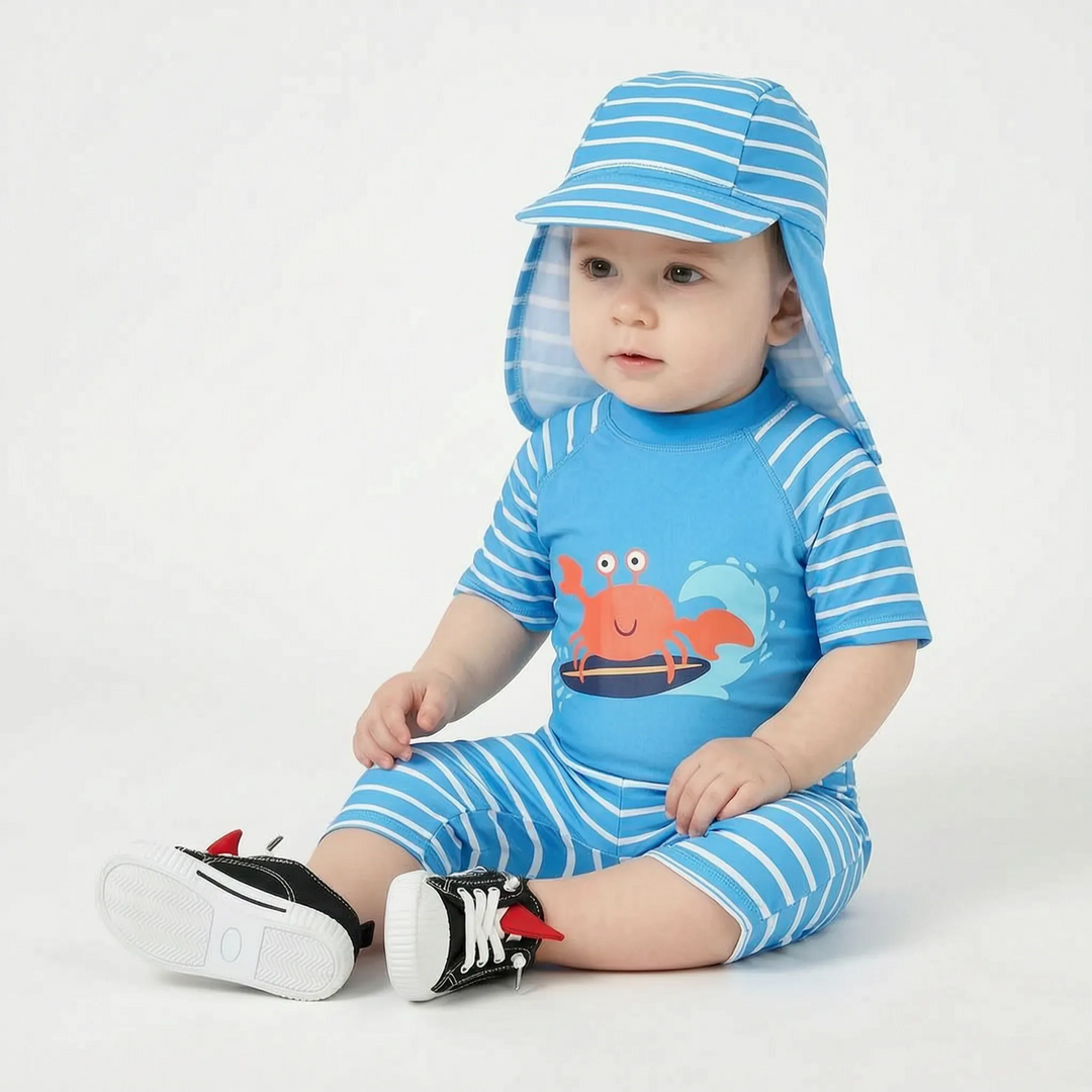 Kids boys' cartoon swimwear set. UPF 50+ sun protective swim top, shorts & hat for beach & pool.