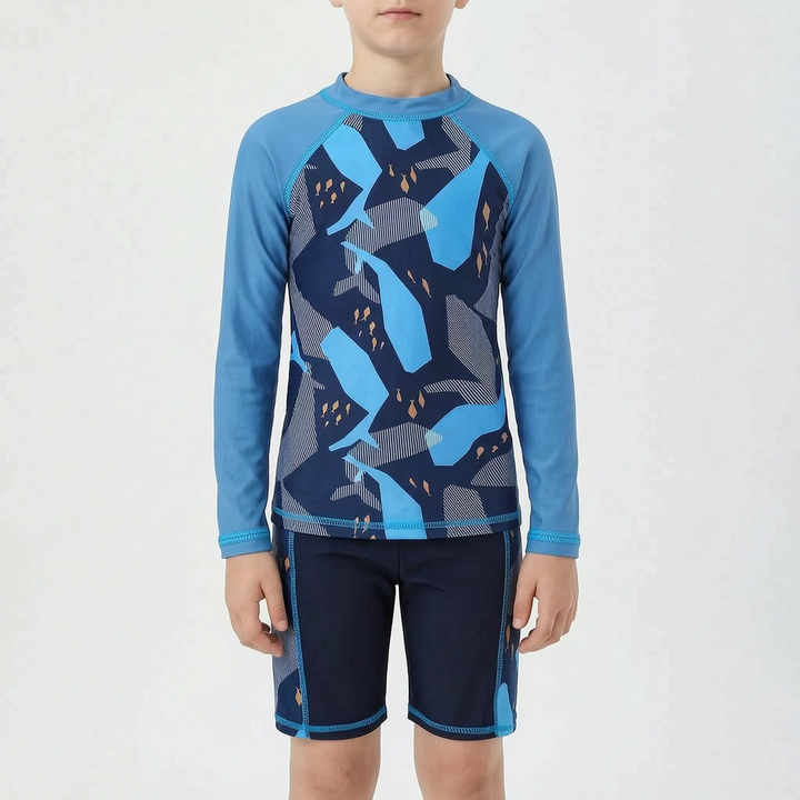 Two-piece boys' swimwear: vibrant swim top & matching shorts. Essential kids' beach outfit for sun & water sports.