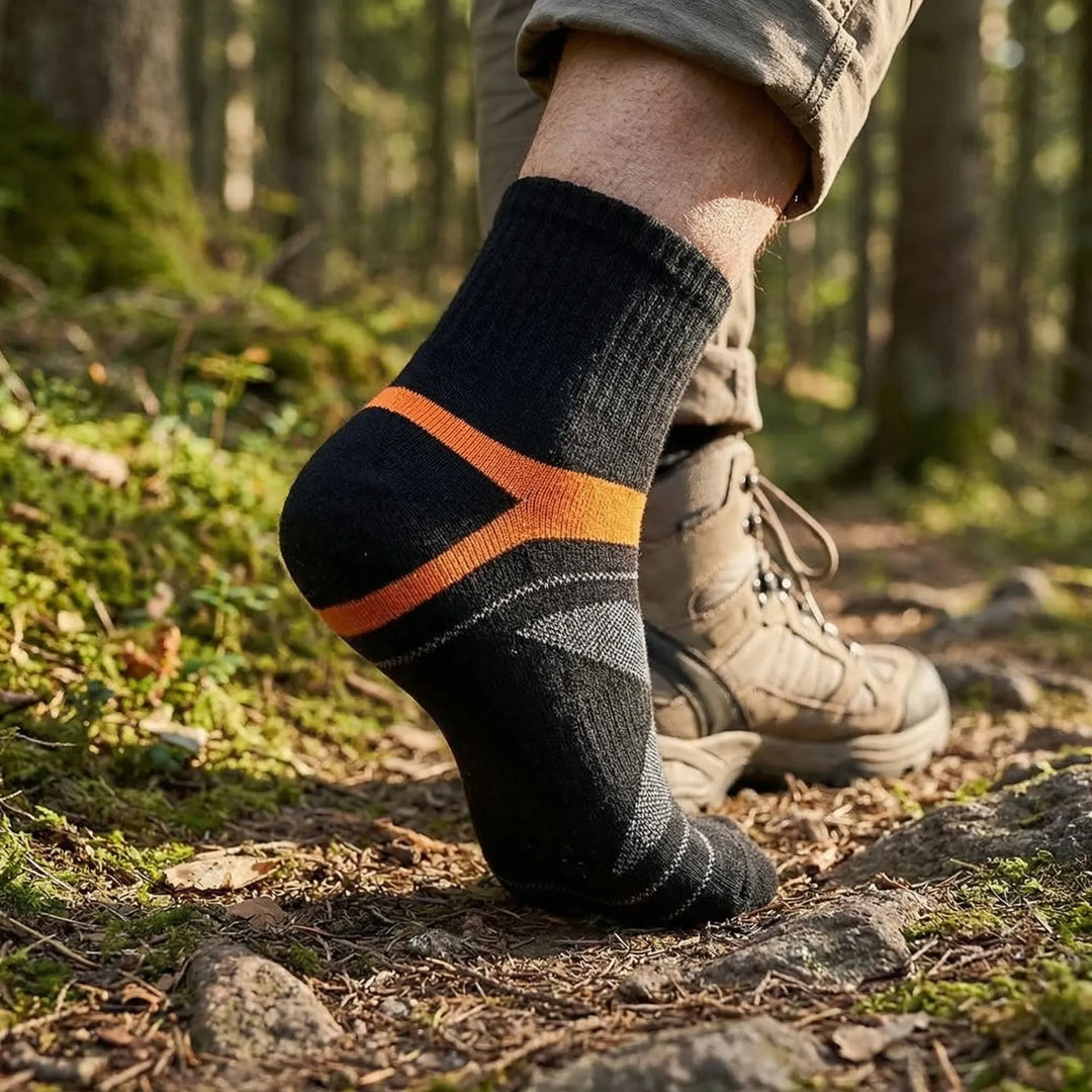 Men's performance ankle socks, cushioned & breathable for running, hiking, and sports activities.