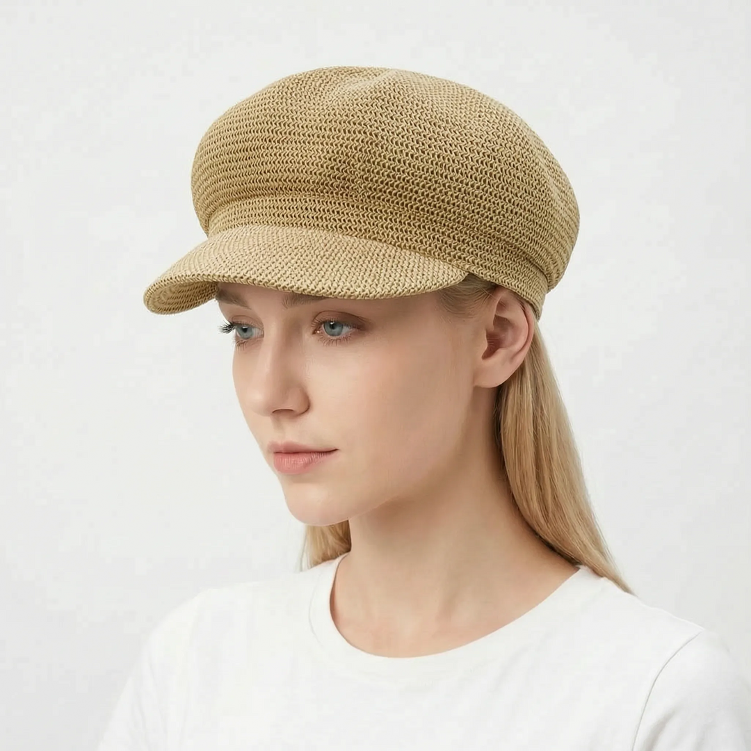 Foldable open-weave sun hat for women, a lightweight and practical travel accessory for summer holidays.