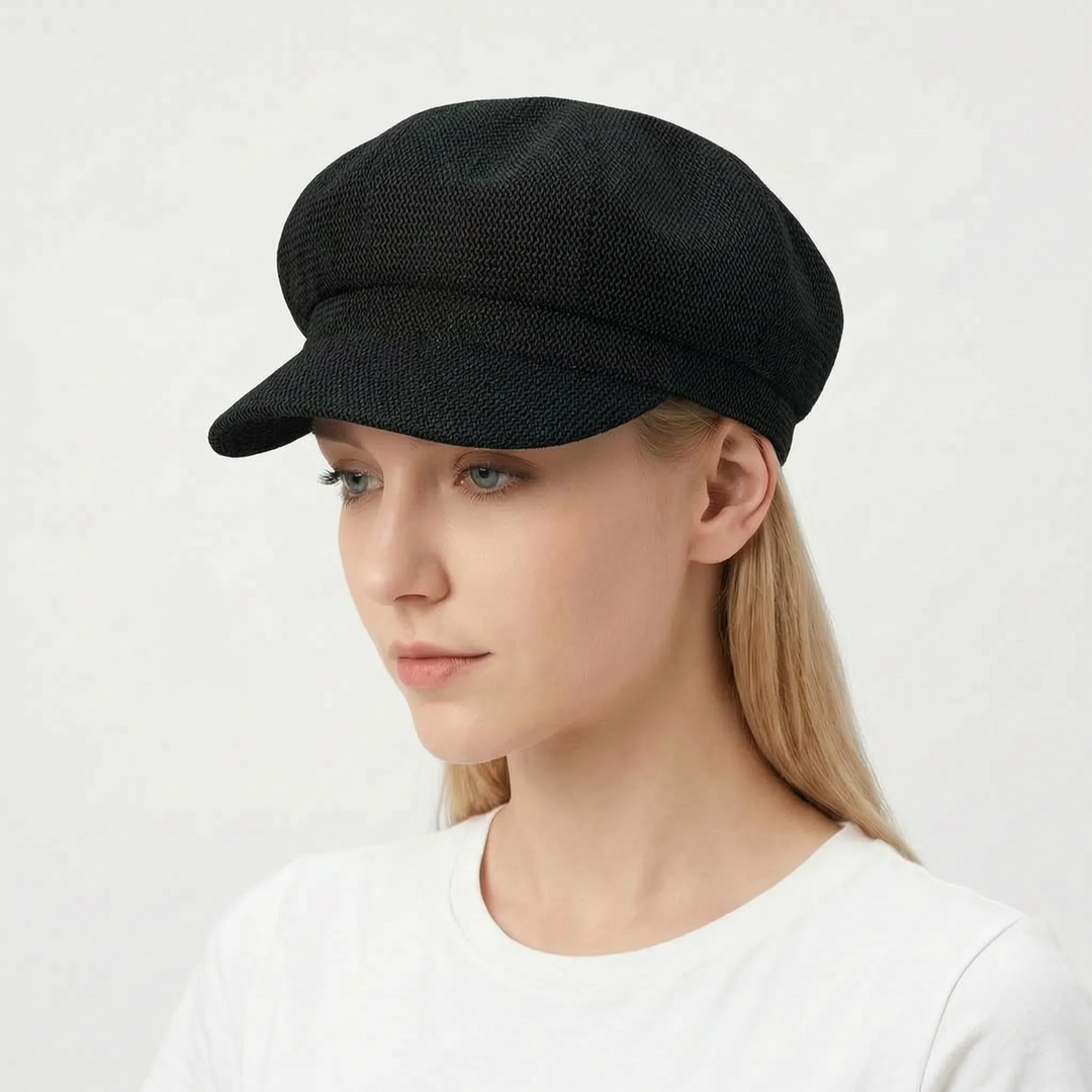 Profile of a women's open-weave sun hat, featuring a stylish brim and breathable design for warm weather.