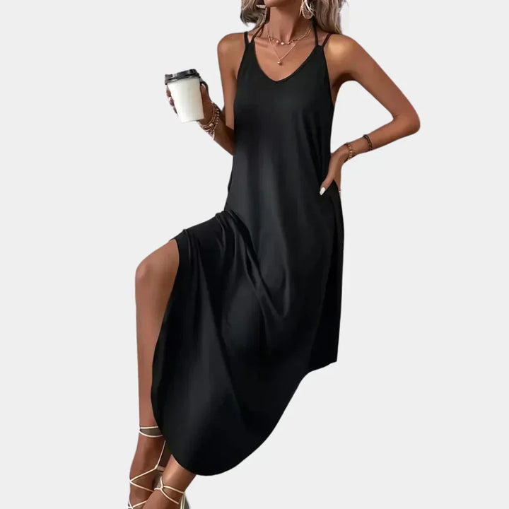 Stylish women's summer V-neck cami dress, ideal for elegant casual or party wear, with a comfortable flowy fit.