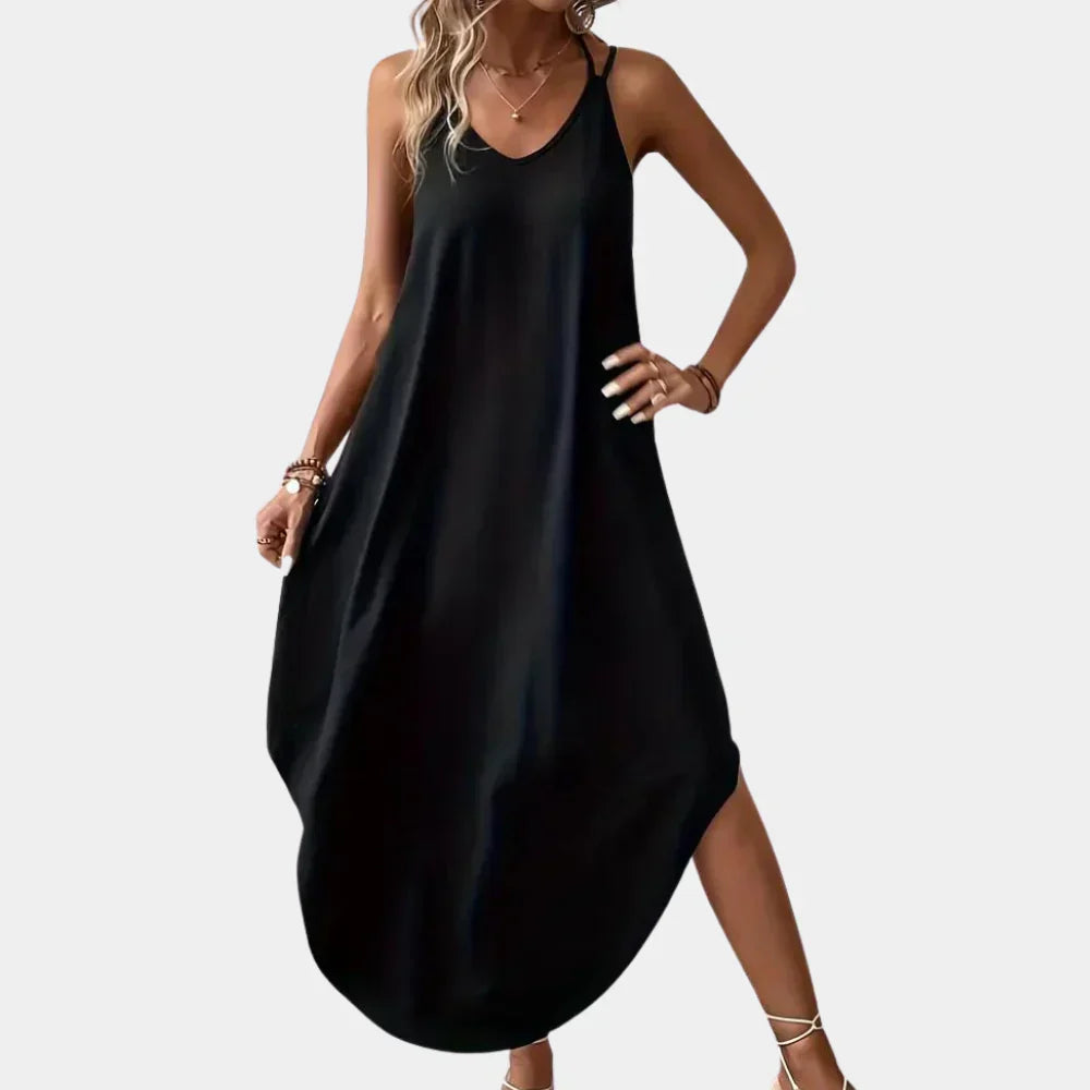 Elegant women's black V-neck cami dress, perfect for summer parties or casual wear, featuring a flowy sleeveless design.