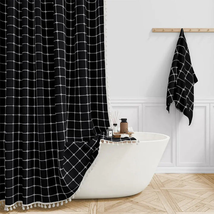 Linen-look Bohemian Farmhouse shower curtain, waterproof, featuring a rustic texture perfect for bathroom decor.