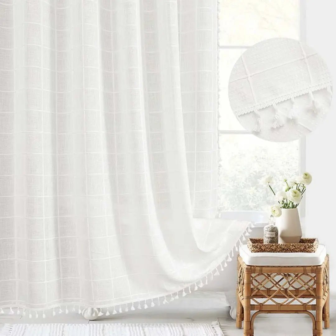 Rustic checkered & striped Bohemian Farmhouse shower curtain with tassels. Waterproof design for stylish bathroom privacy.