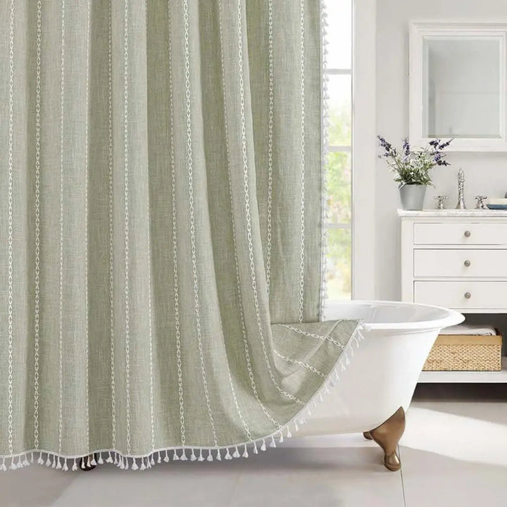 Boho-chic Farmhouse shower curtain, waterproof with charming tassels. Perfect rustic bathroom decor for a stylish look.