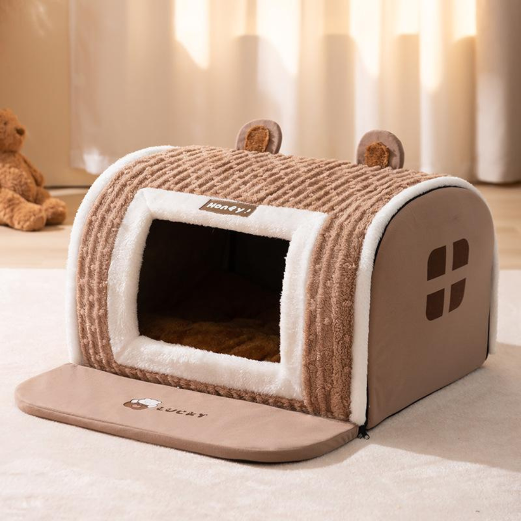 Cozy Lomi brown pet resting house. Ideal indoor bed for small dogs, cats, or medium pets seeking comfort.