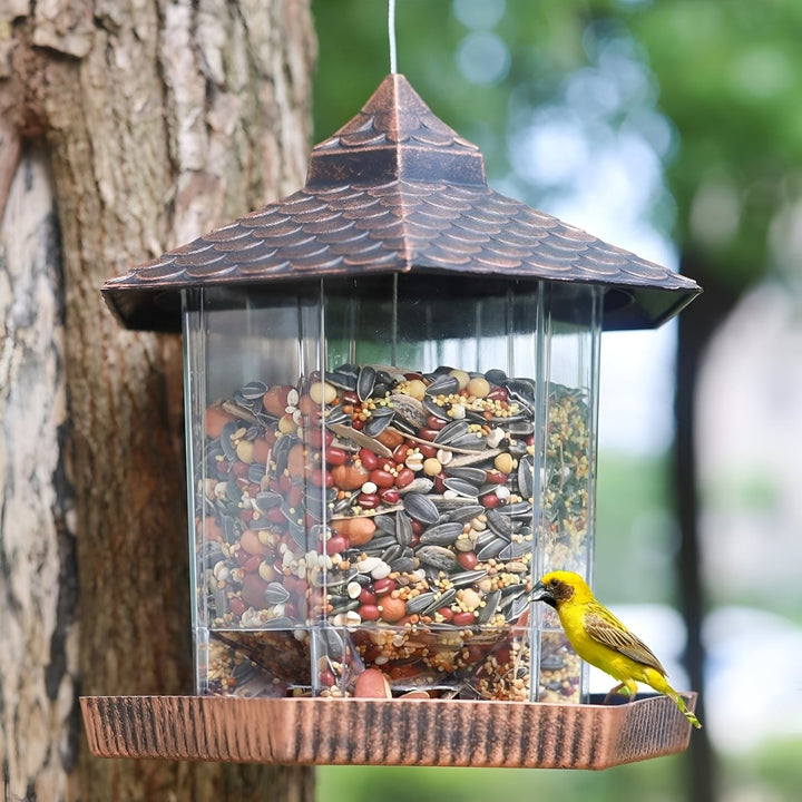 Weatherproof copper finish hanging bird feeder for garden wildlife; enhances backyard outdoor decor.