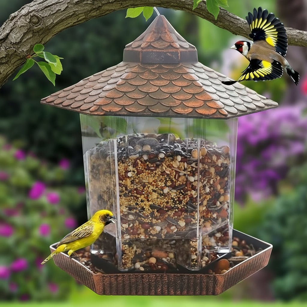 Stylish copper finish hanging bird feeder, a beautiful addition to garden outdoor decor for bird watching.