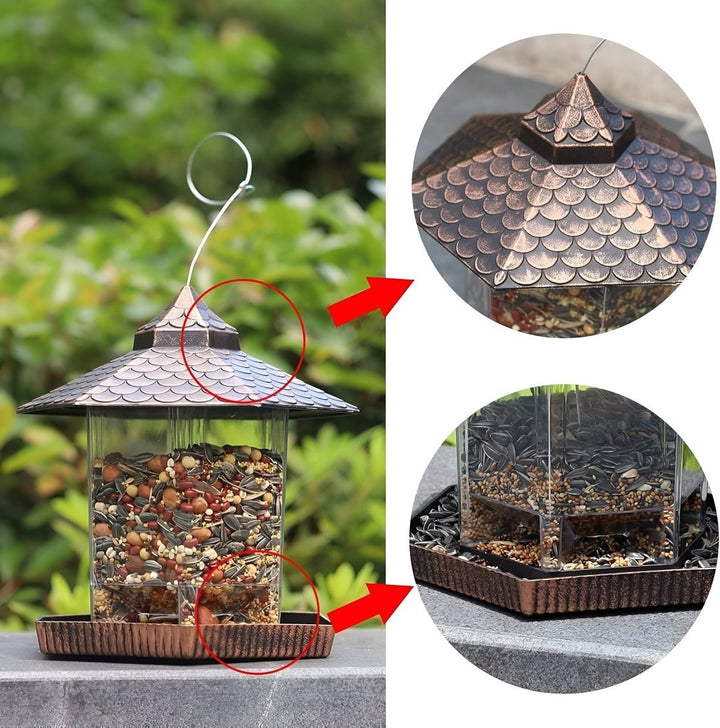 Durable, weatherproof copper finish hanging bird feeder, an elegant choice for any outdoor garden or backyard decor.