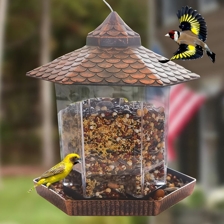 Enjoy backyard bird watching with this elegant copper finish hanging bird feeder, ideal for outdoor garden decor.