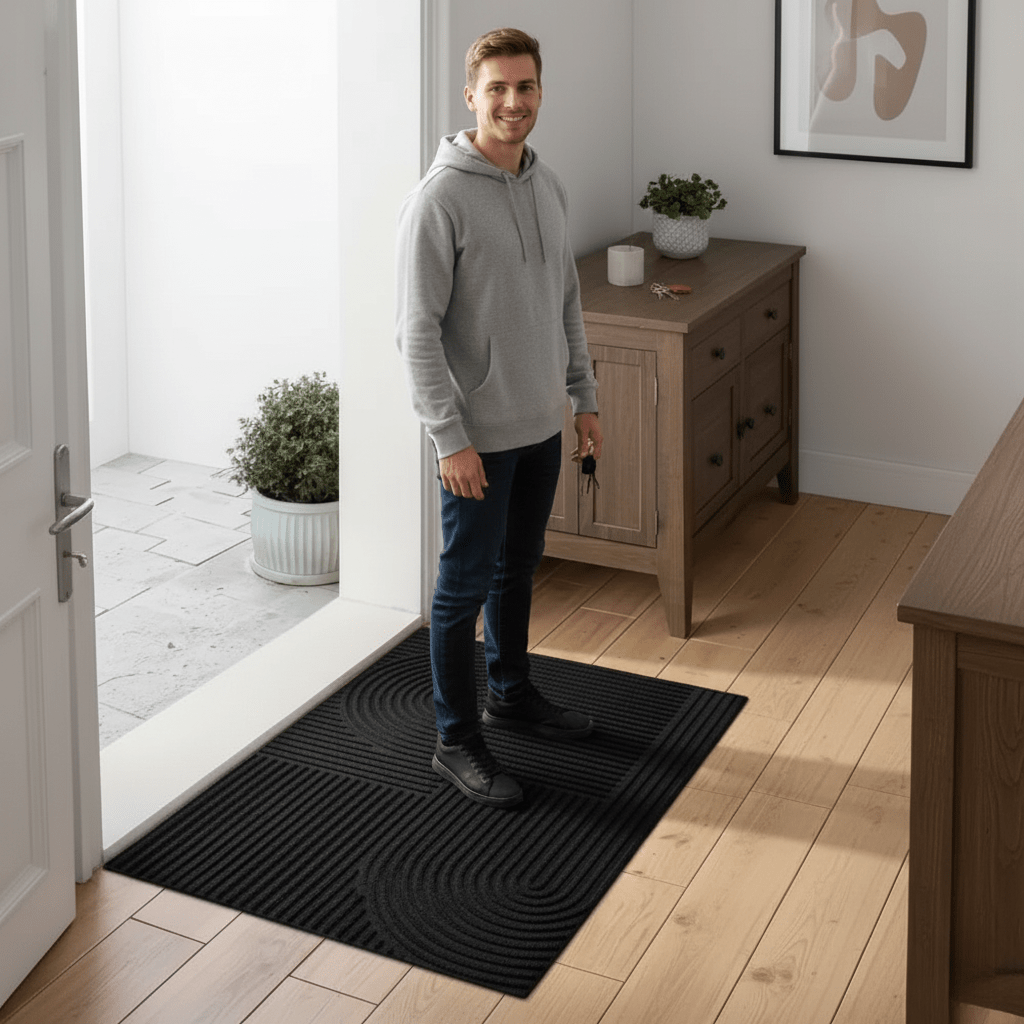 Stylish absorbent doormat featuring a contemporary flowing line design, ideal for mudroom or kitchen. Washable.