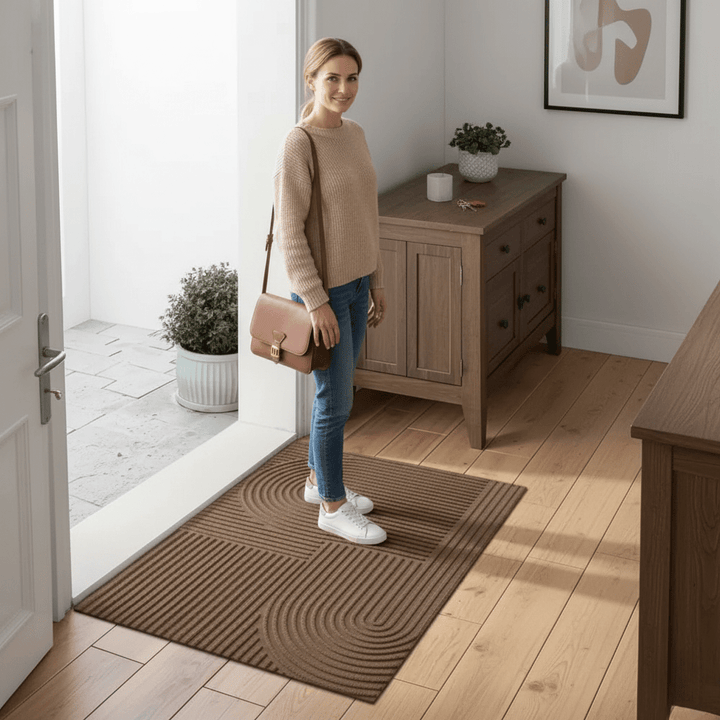 Modern entryway mat, absorbent & washable, showcasing a flowing line design. Great home decor for living room.