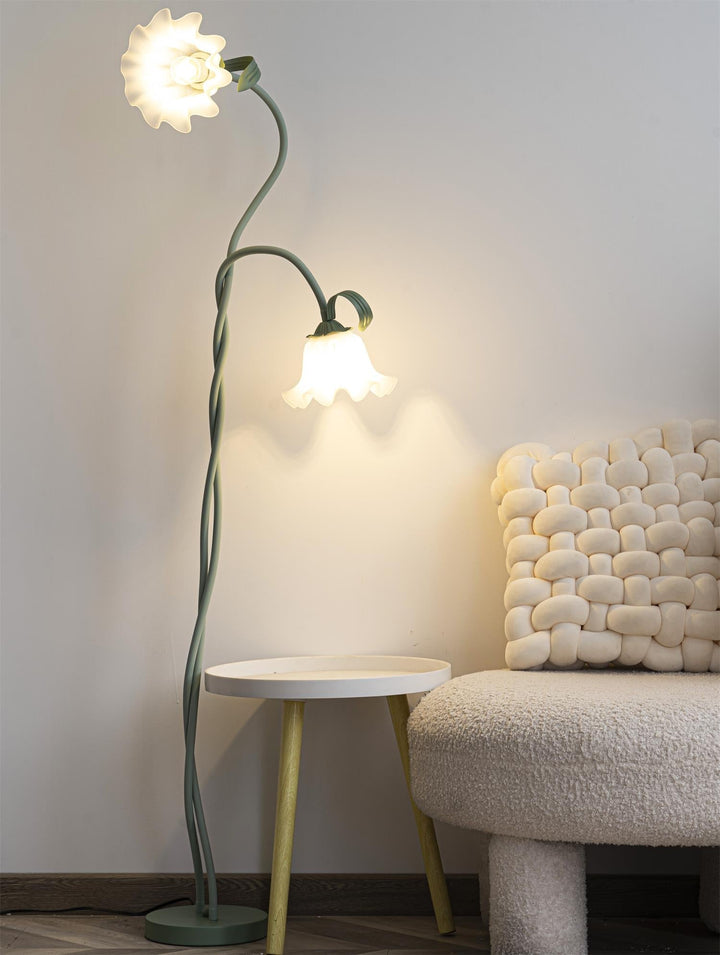 Bedroom green floral floor lamp, white shade, modern botanical decorative light.