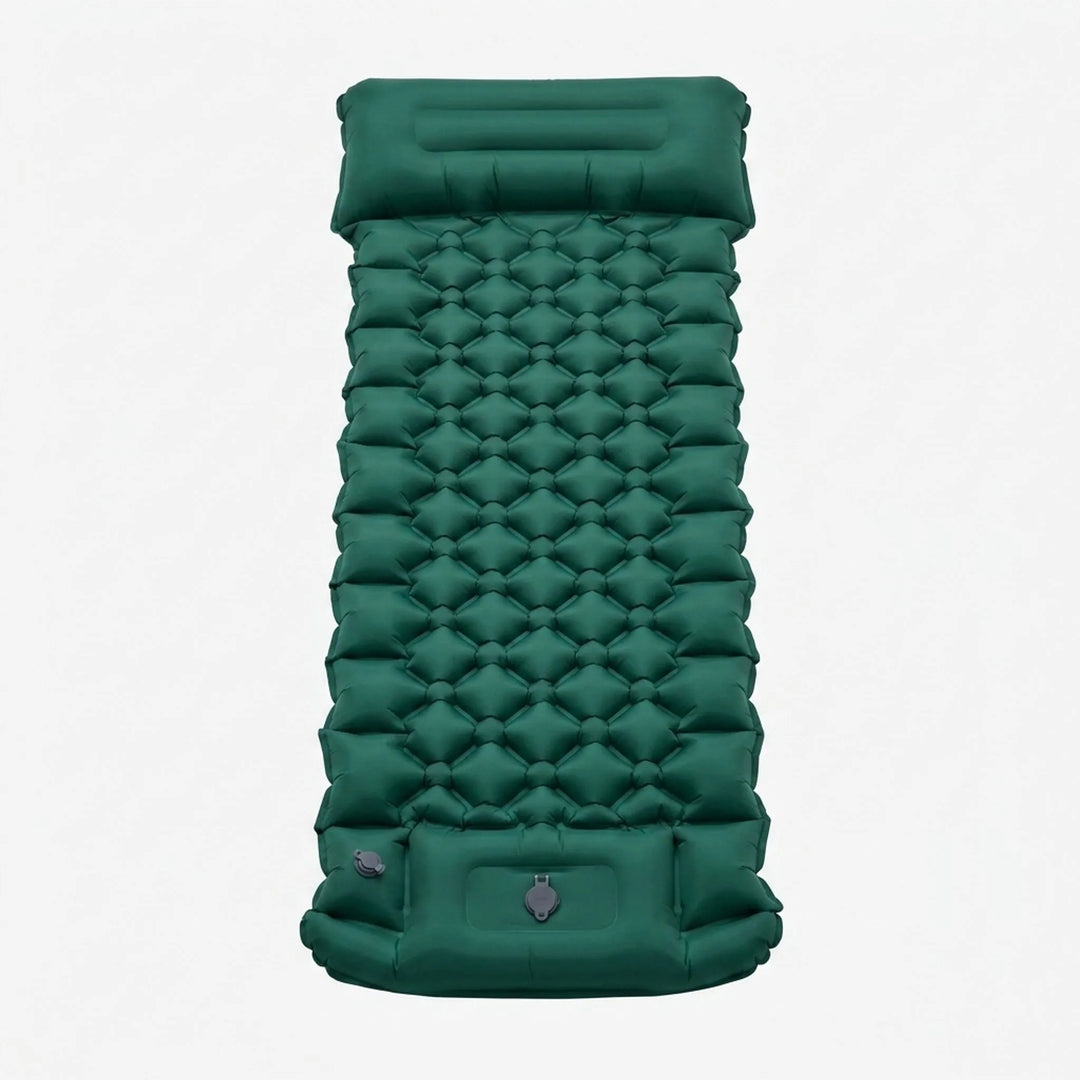 Portable camping sleeping pad rolled up with integrated pillow, ideal compact gear for hiking & travel.