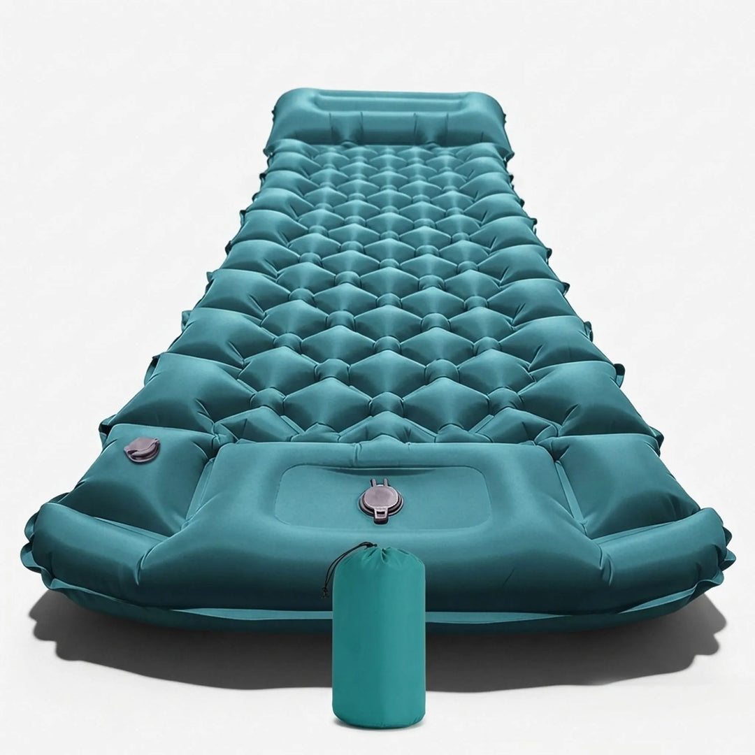 Close-up of the inflation valve on a lightweight camping sleeping pad, easy to set up for outdoor use.