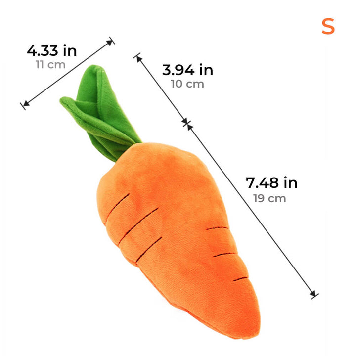 Cute carrot-shaped plush chew toy with squeakers for dogs, an interactive pet accessory for fun playtime & enrichment.