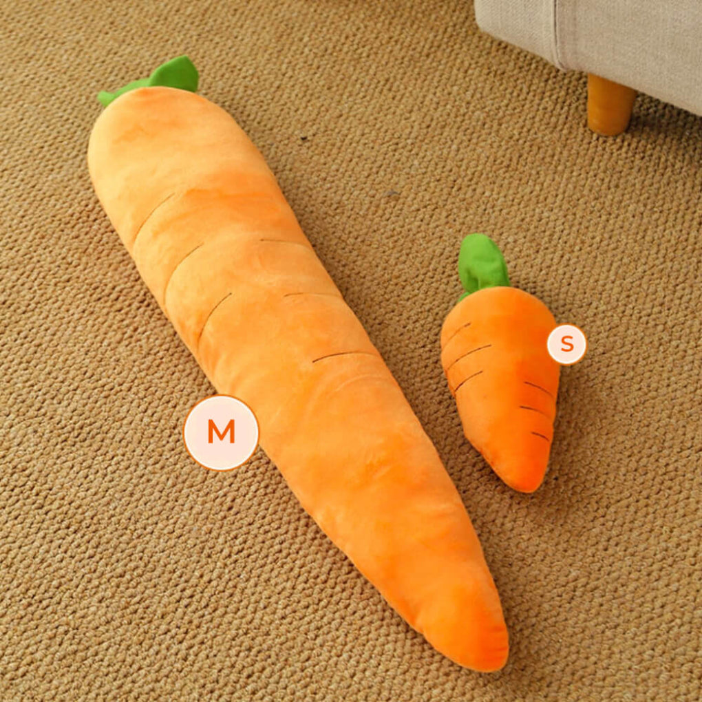 Durable carrot squeaky plush dog toy, perfect for interactive play and chewing, suitable for all dog breeds.