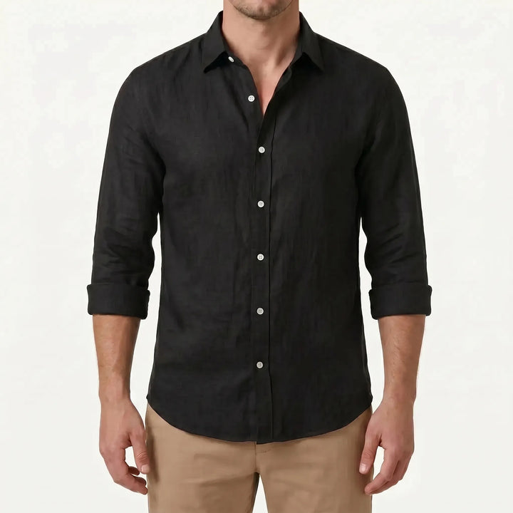Relaxed fit men's button-up top, long sleeve, casual style with turn-down collar, for modern men's apparel.