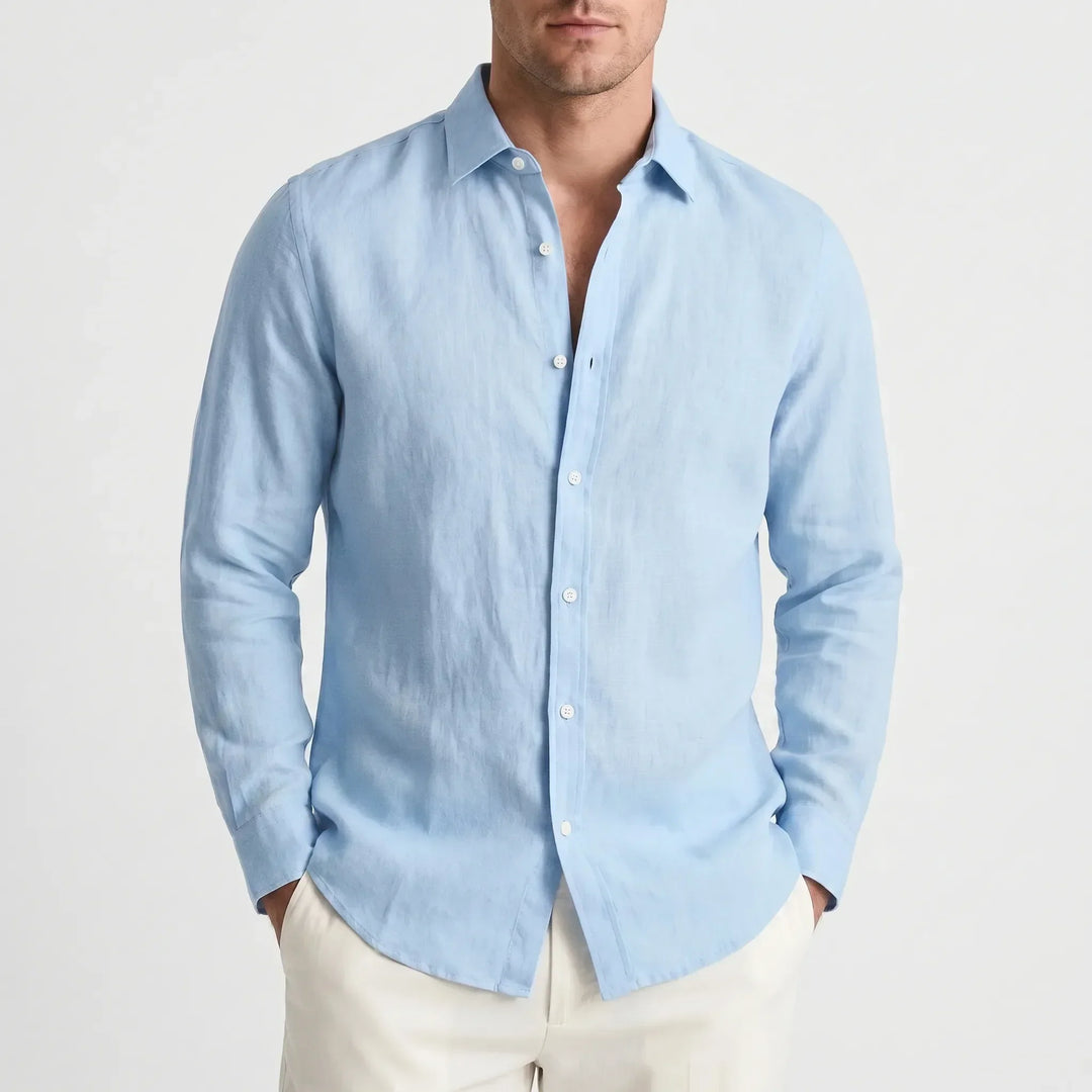 Solid color men's button-up shirt with turn-down collar, long sleeves, and a comfortable relaxed fit.