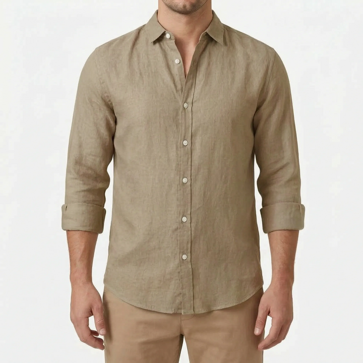 Men's casual long-sleeve button-up shirt featuring a relaxed fit and classic turn-down collar.