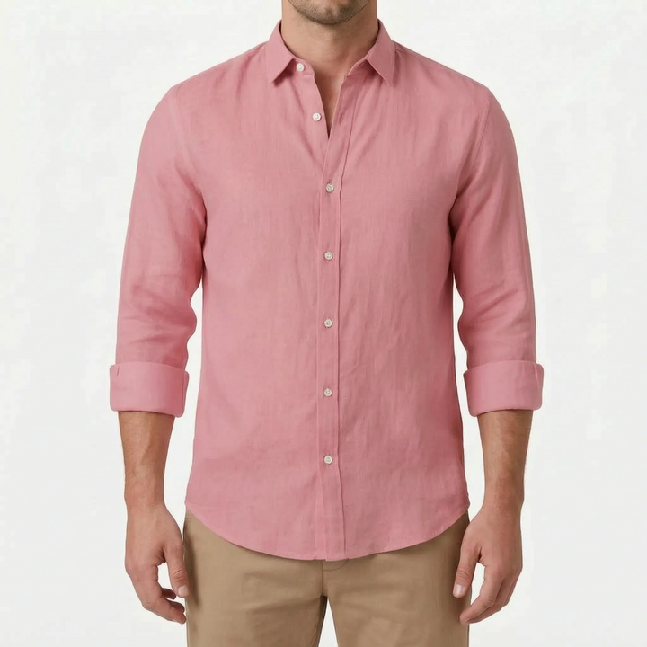 Comfortable men's relaxed fit shirt, long sleeve, solid color, button-up design for casual apparel.