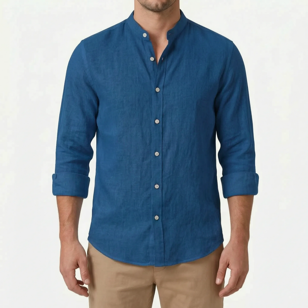 Men's solid color long-sleeve button-up shirt, relaxed fit, suitable for casual and summer outfits.