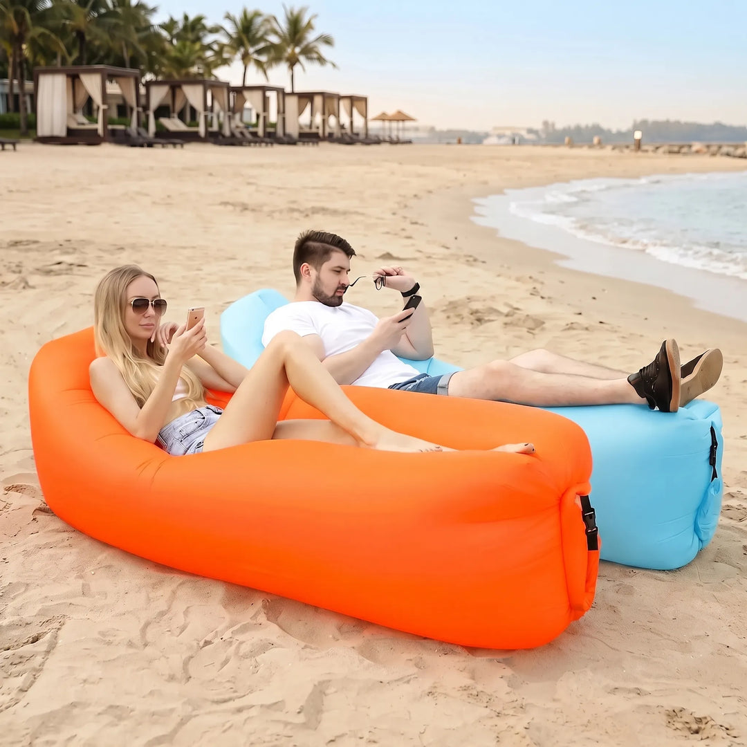 Unisex portable inflatable air lounger for outdoor seating, perfect as a no-pump travel air sofa.