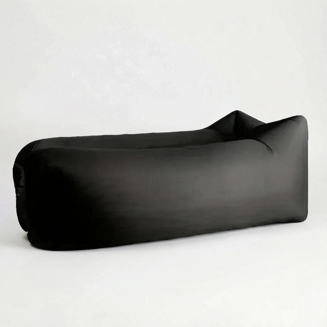 Close-up of a no-pump, easy-inflate portable air lounger for quick outdoor setup & relaxation.