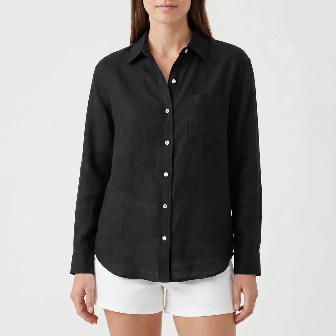 Casual women's long-sleeved shirt blouse, a comfortable button-up top for everyday or work.
