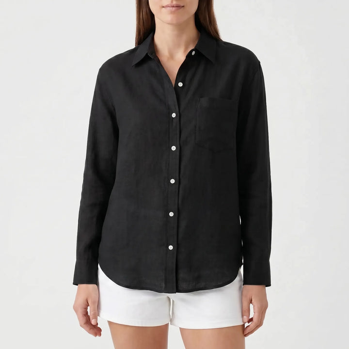 Casual women's long-sleeved shirt blouse, a comfortable button-up top for everyday or work.