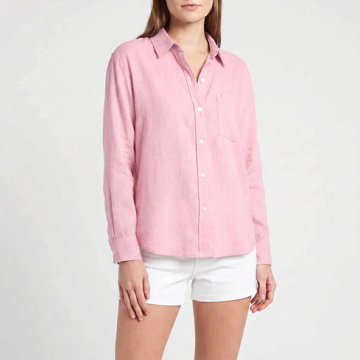 Relaxed fit women's collared long-sleeve button-up blouse, a comfortable everyday top.