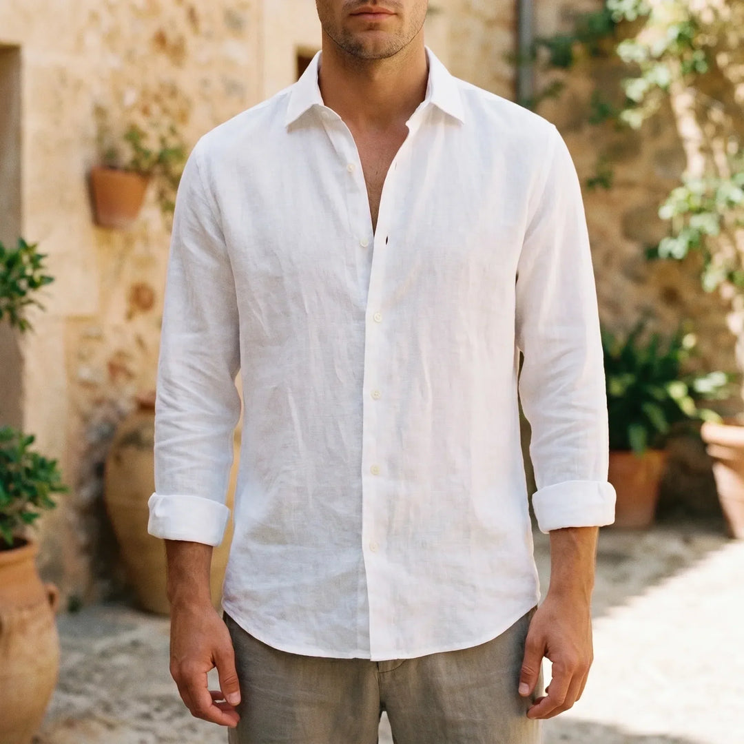 Men's relaxed fit long-sleeve button-up shirt in lightweight fabric, perfect for warm summer days & resort wear.