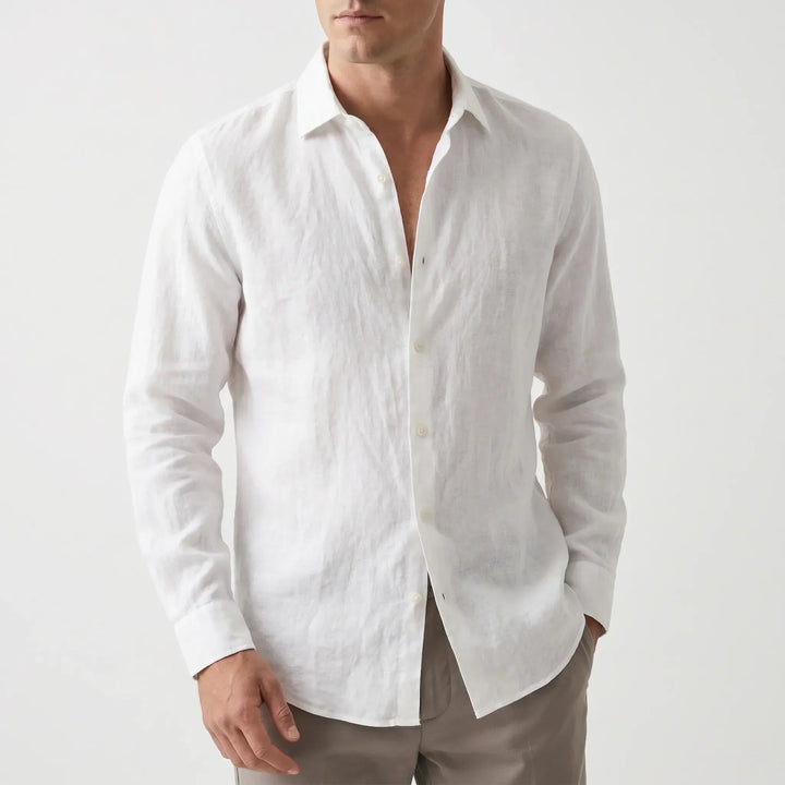 Casual men's long-sleeve collared shirt with relaxed fit, ideal for travel, beach outings & summer fashion.
