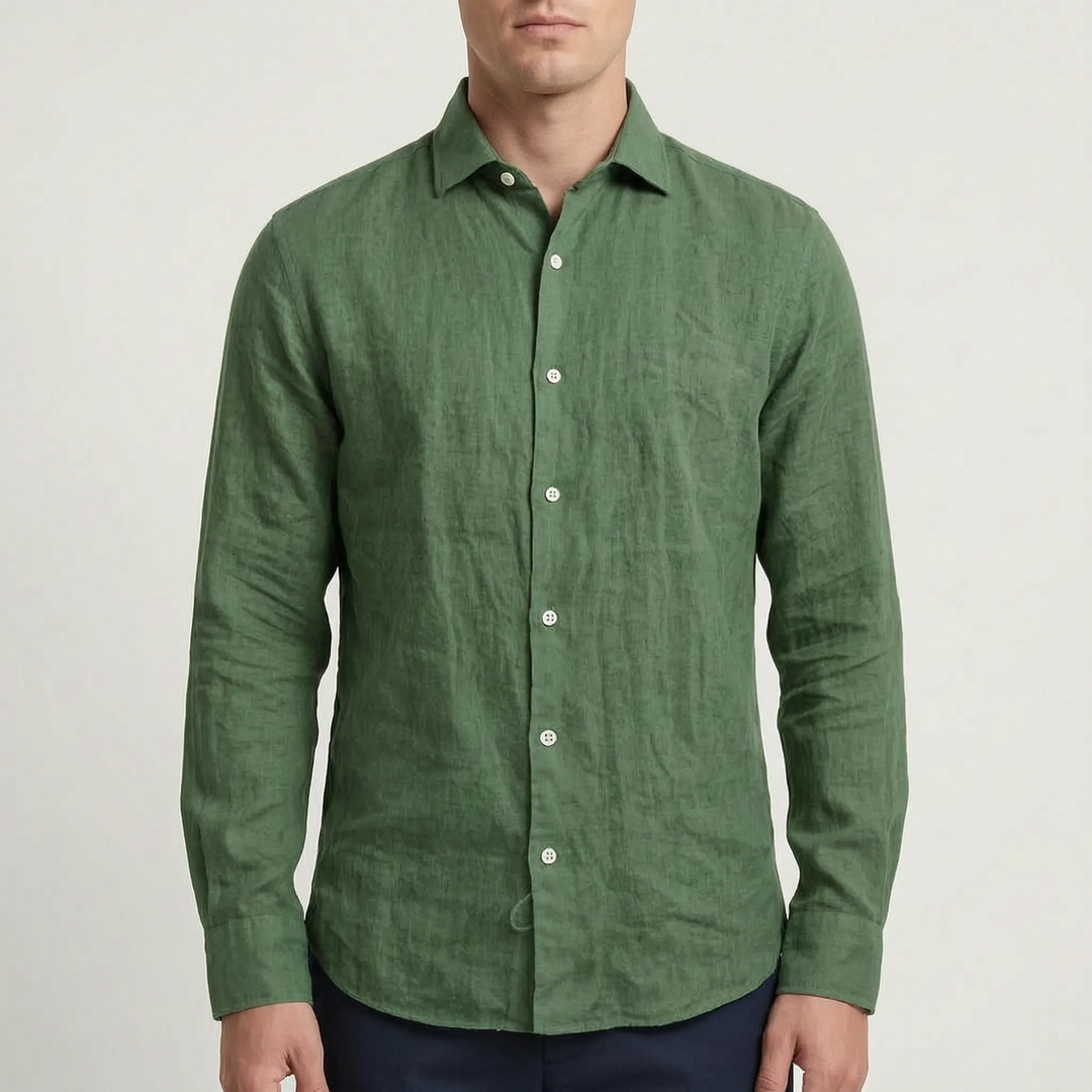 Solid color men's button-up long-sleeve shirt, relaxed fit, great for warm-weather adventures & beach style.
