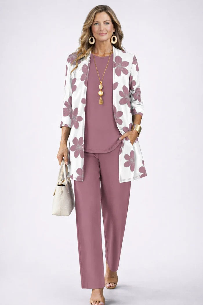 Women's office wear 3-piece set: a structured blazer, a relaxed top, and tailored trousers.